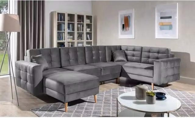 Divano angolare panoramico convertibile U HASGARD MEUBLORAMA in velluto grigio con contenitore e funzione letto, L: 326 cm