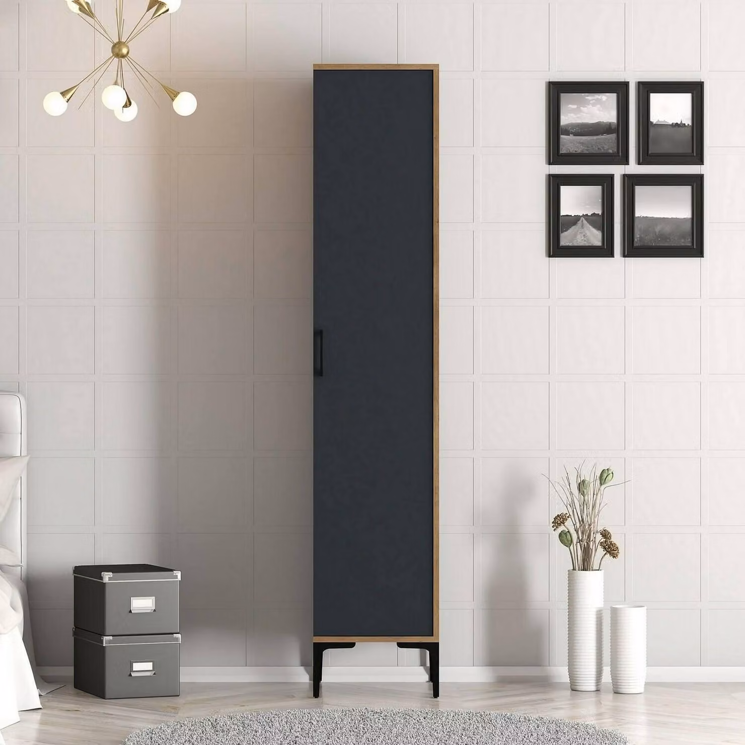 Dmora Armadio Multiuso 1 Anta Giusta 40x48h201\ cm Nero Antracite, Un'anta 5 Vani