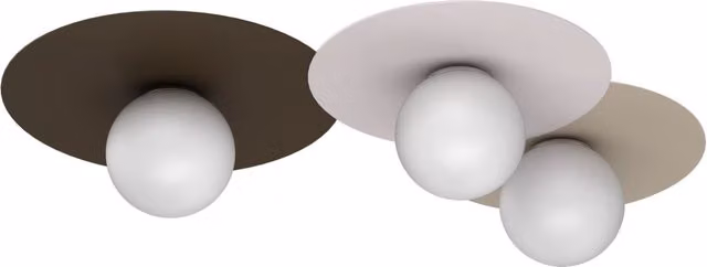 Plafoniera Flat Luminex in metallo e vetro, design moderno con sfere bianche, colore beige e marrone, attacco 3xE27
