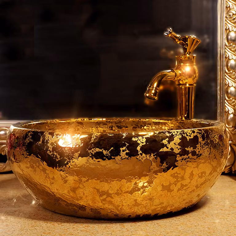Lavabo in Vetroceramica dorato, realizzato a mano, diametro 42 cm, completo di rubinetteria e piletta