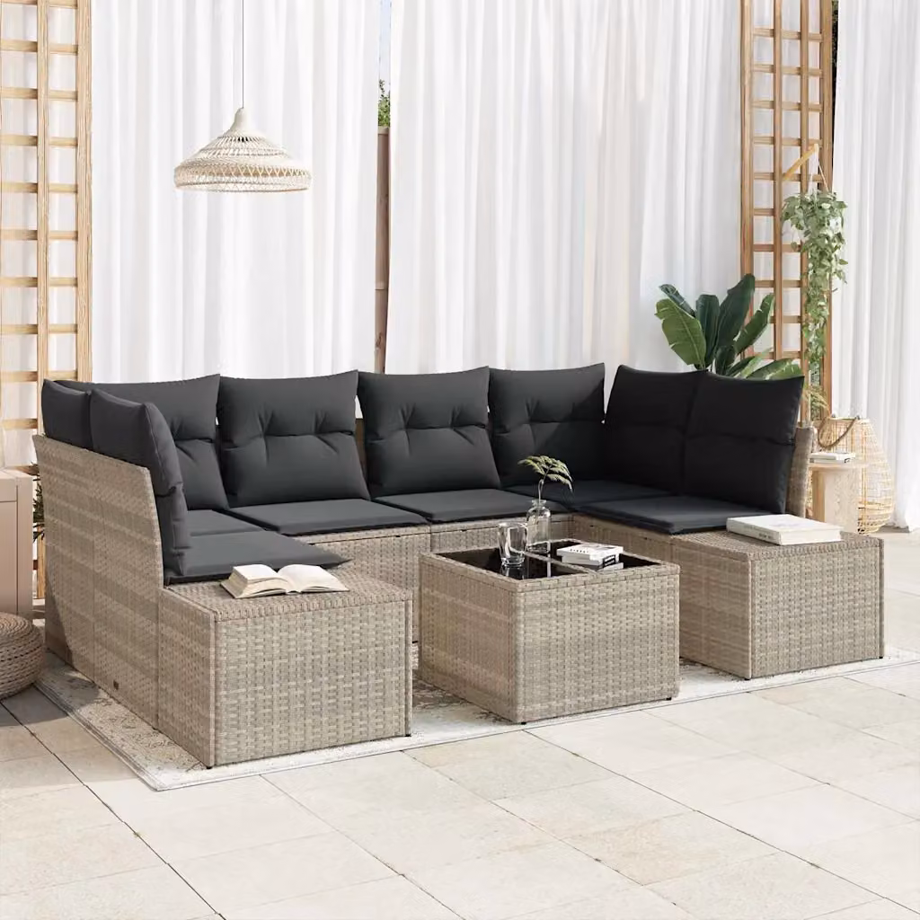Set Divano da Giardino vidaXL 8 Pezzi in Metallo e Tessuto Grigio con Tavolino e Cuscini – 1