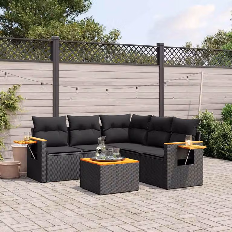 vidaXL Set Divano da Giardino a L 6 pz in Polyrattan Nero con Cuscini e Tavolino da Caffè