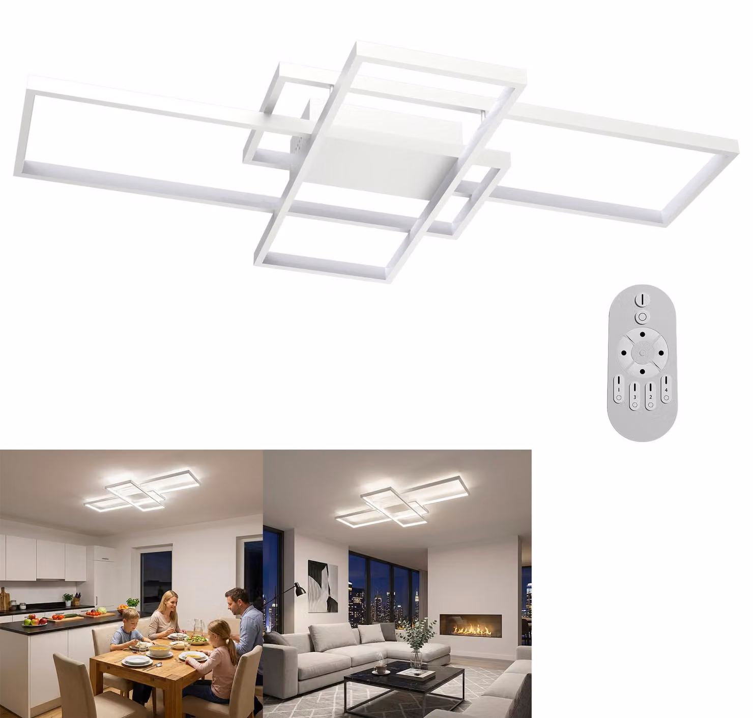 VA-Cerulean, plafoniera LED geometrica, bianca, 72W, dimmerabile, con telecomando, ideale per soggiorno, camera da letto e sala da pranzo