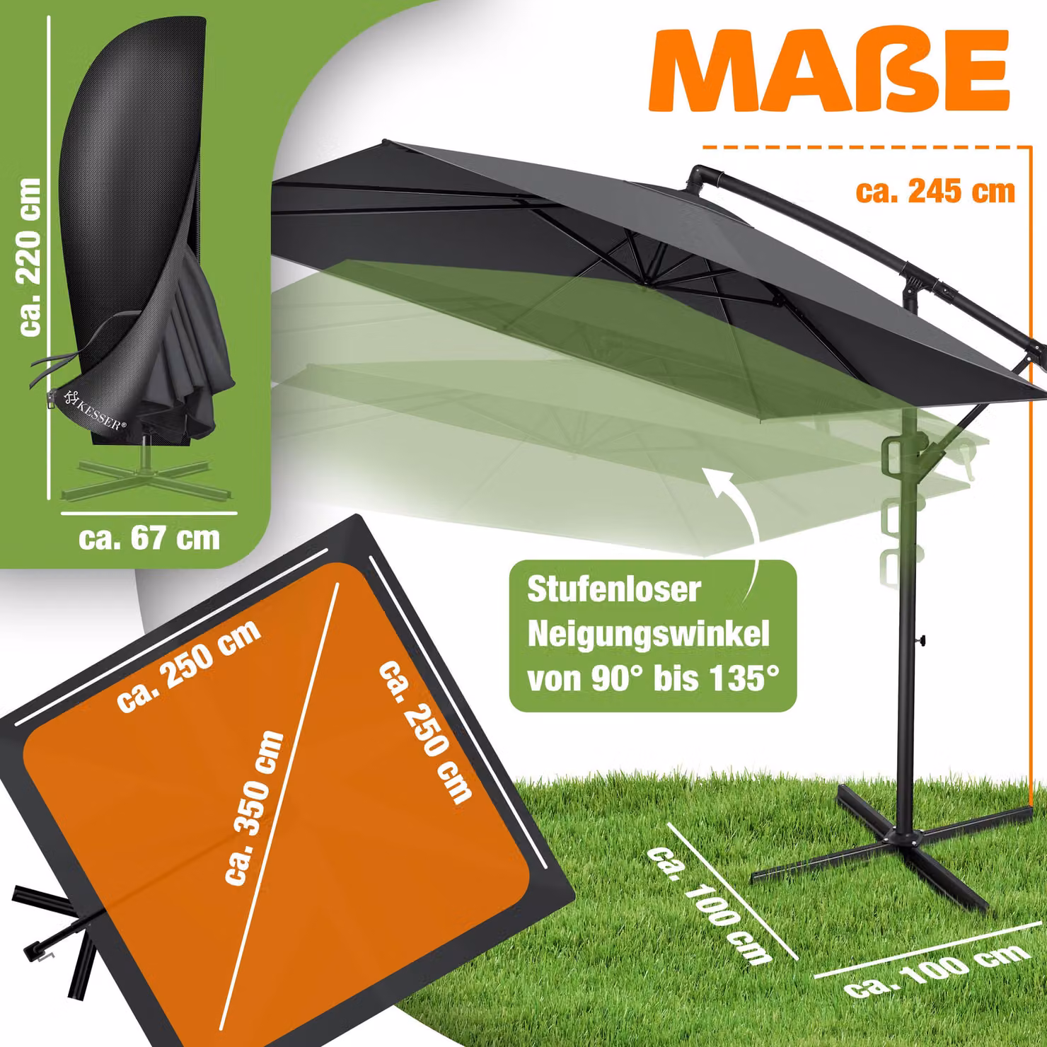 KESSER® Parasole per pergolati modello Holly, forma rettangolare, diametro 350 cm, con/senza illuminazione solare a LED, inclusa copertura