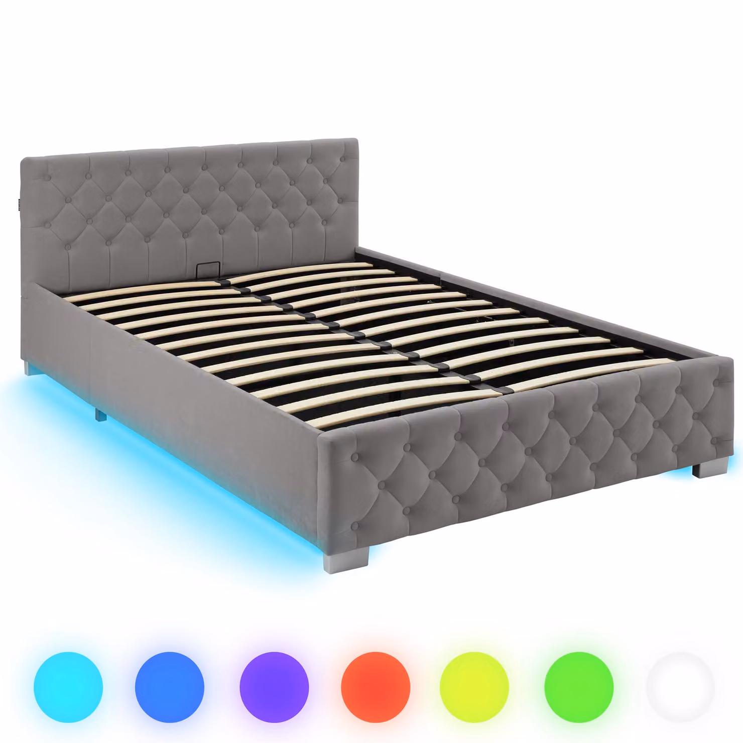 Letto imbottito modello Chesterfield tectake in tessuto grigio con contenitore a sollevamento e illuminazione LED sottostante L/P/H: 140 x 200 cm – 3