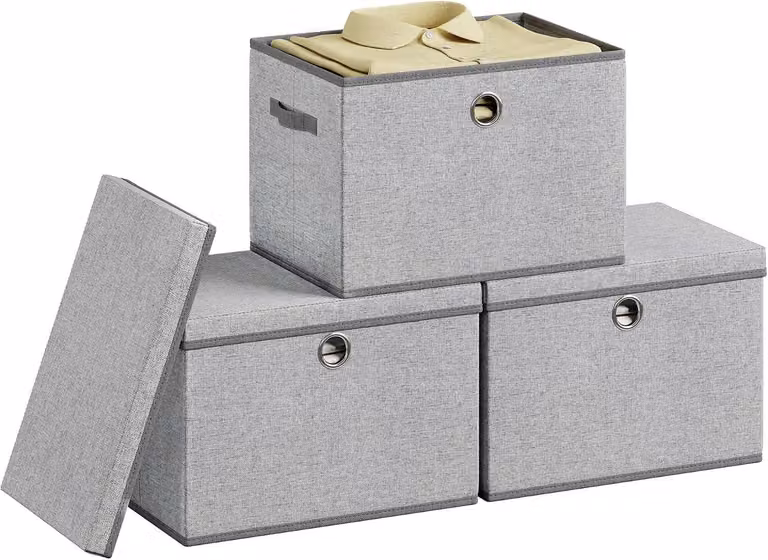 Contenitori con coperchio - Set da 3 - Pieghevoli - Impilabili - 43 x 30 x 30 cm - Grigio tortora