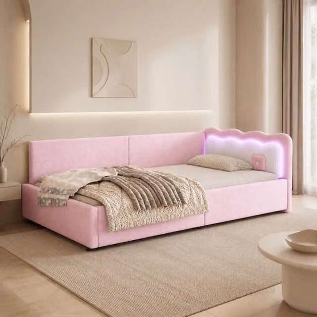 Letto da giorno 90x200 cm rosa in velluto con illuminazione LED, senza materasso