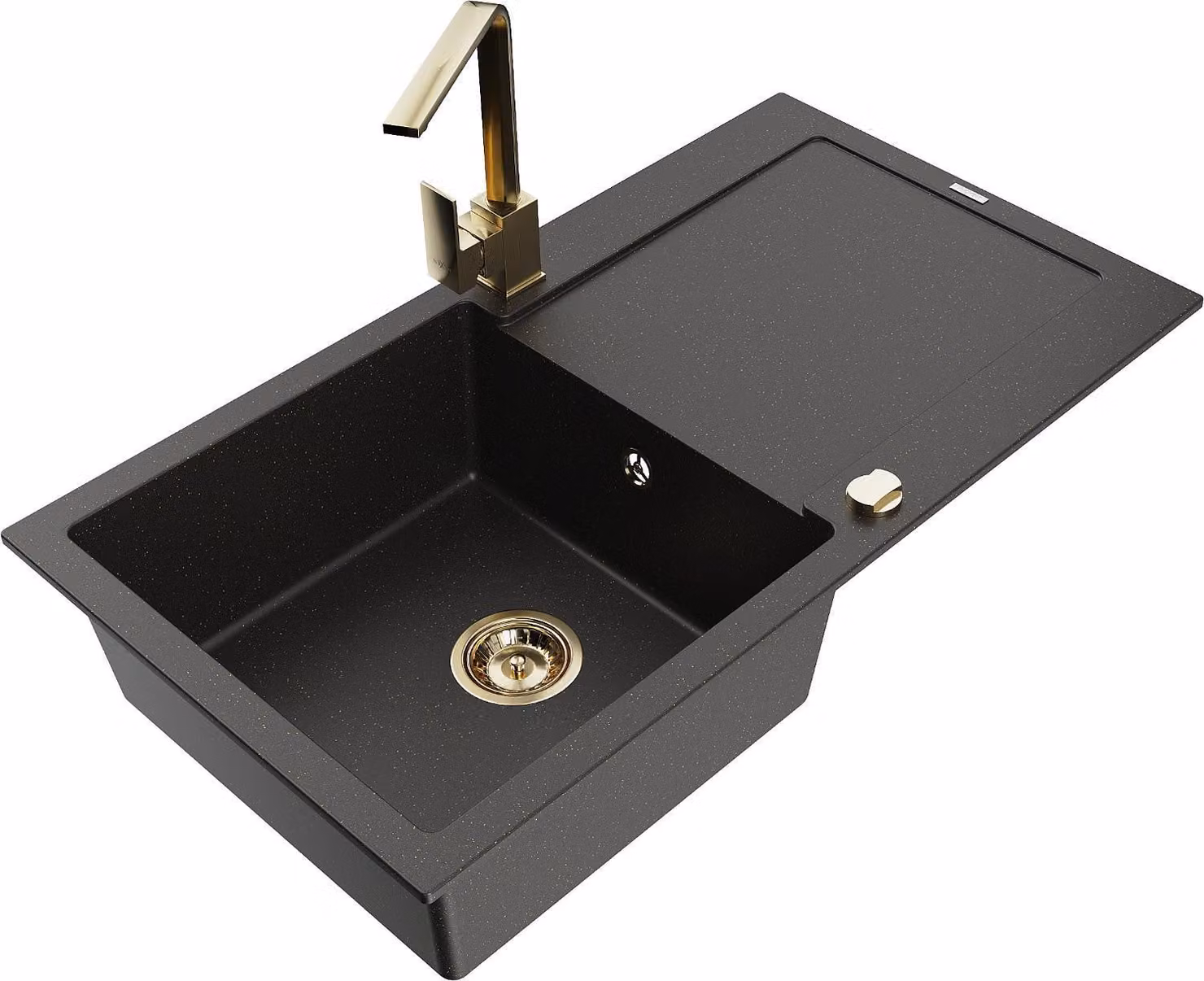 Mexen Leo lavello in granito a 1 vasca con sgocciolatoio e miscelatore da cucina Rita, nero/oro metallizzato - 6501-75-670300-50
