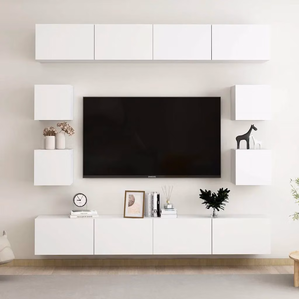 Set Mobili Porta TV 8 Pezzi vidaXL Bianco Moderno in Legno e MDF da Appendere al Muro