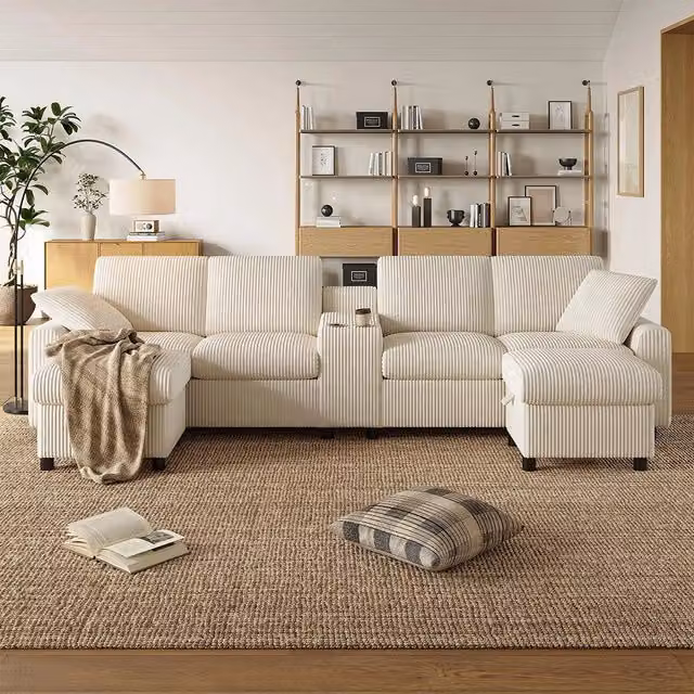 Divano a U in velluto - Xylo - Con 2 poggiapiedi, USB, Type-C, beige (315cm)