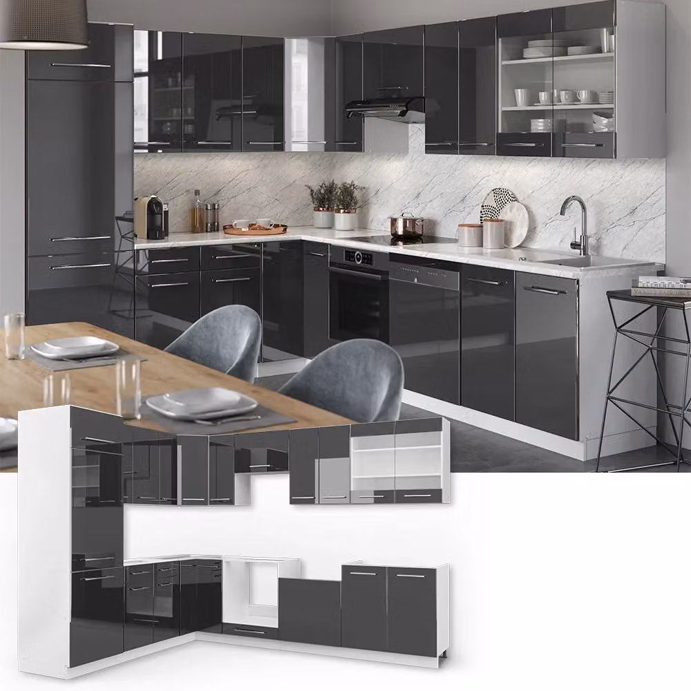 Cucina angolare moderna Vicco Fame-Line in finitura lucida Antracite e Bianco, L: 287 cm x P: 227 cm – 2