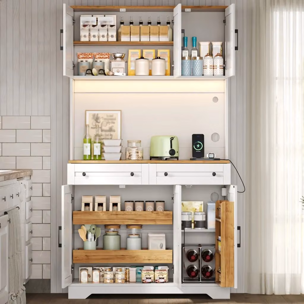 Credenza alta da cucina multifunzionale in MDF con illuminazione LED, ante e cassetti interni, colore bianco e beige, L: 100 cm, P: 40 cm, H: 180 cm – 2