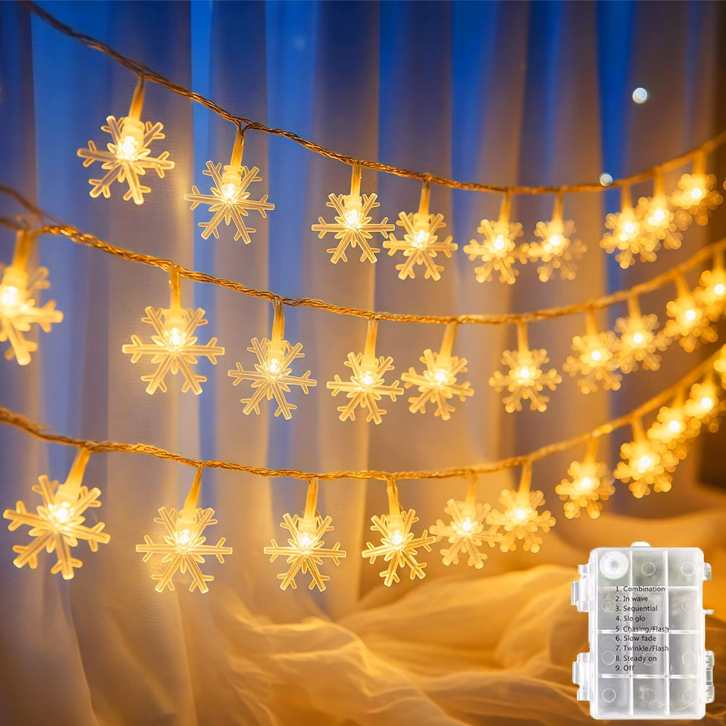 Catena luminosa a forma di fiocchi di neve, 40 LED, 6 metri, alimentazione a batteria, 2 modalità