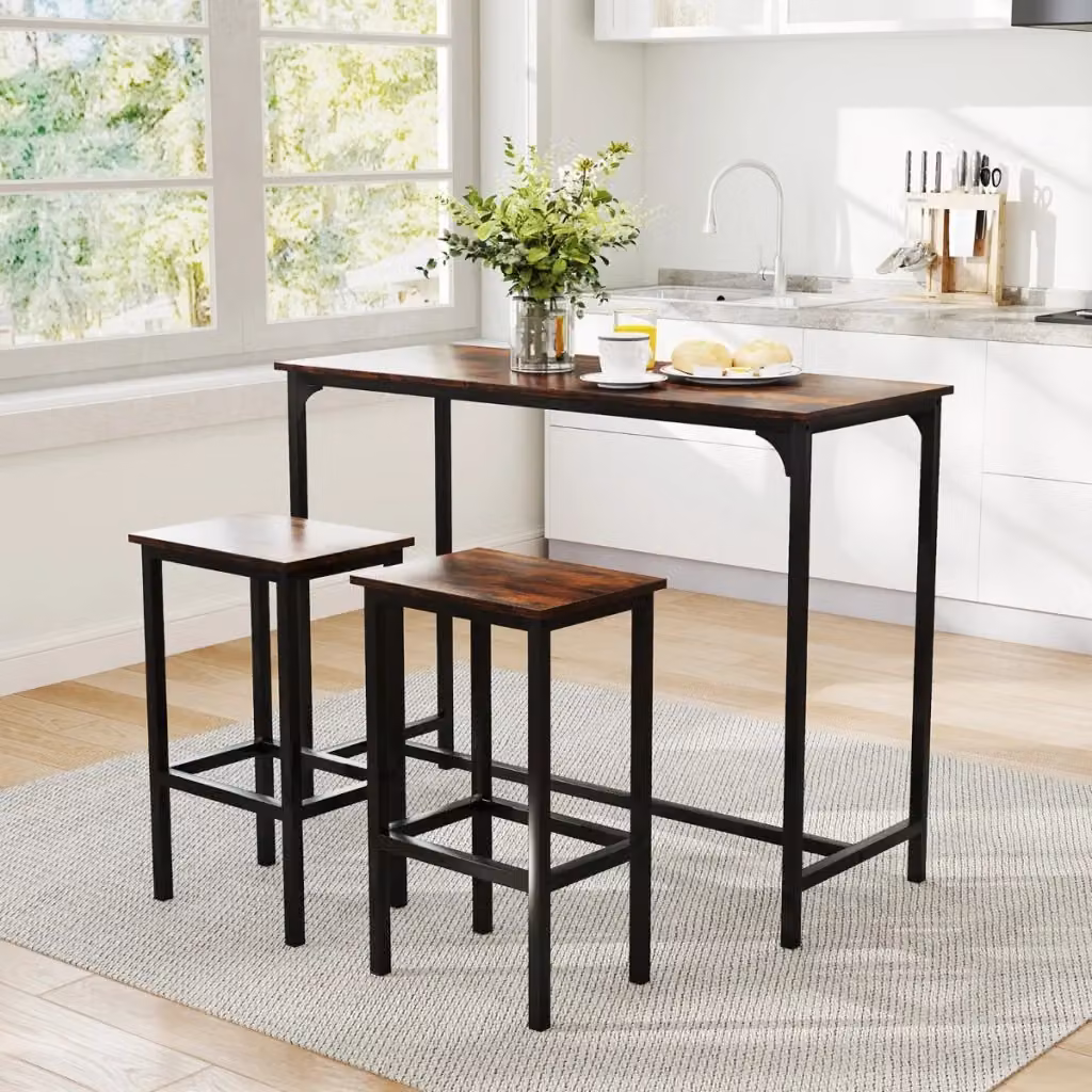 Set da pranzo industriale Design Mania composto da tavolo rettangolare marrone e 2 sgabelli da bar, ideale per cucina o sala da pranzo, Altezza: 120 cm – 2