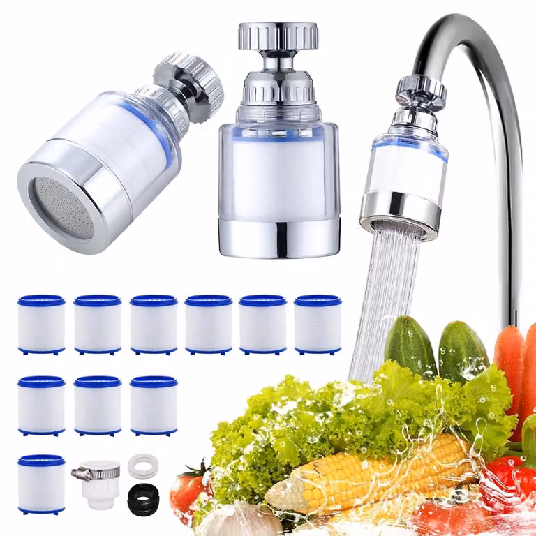 Filtri anticalcare - Set di 2 - Per rubinetto - Rotazione a 360° - Purificatore d'acqua con 10 elementi filtranti in cotone PP - Adatto per cucina, bagno e acqua potabile