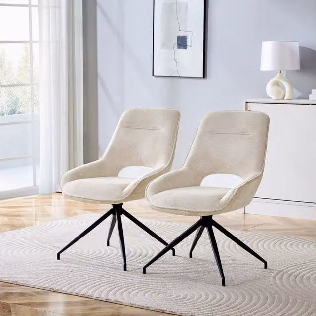 Set di 2 sedie da pranzo girevoli a 360 gradi Minimal in metallo nero e tessuto bianco