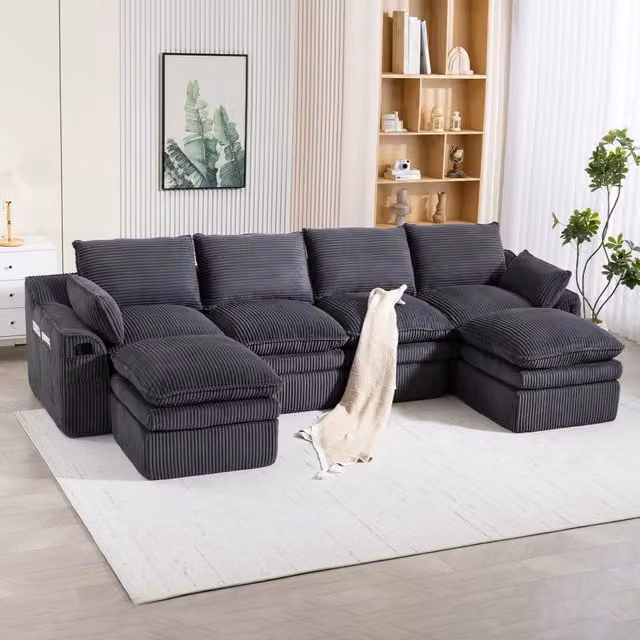 Divano Modulare a L MINIMAL da 4 Posti con 2 Pouf in Velluto a Coste Grigio Antracite