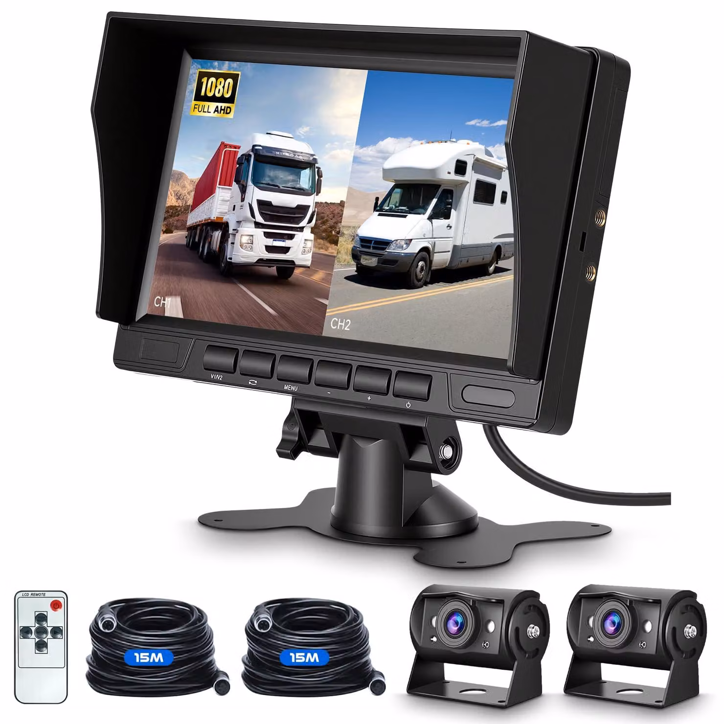 Kit di due telecamere per la retromarcia - Monitor da 7 pollici - Risoluzione HD 1080p - Visione notturna