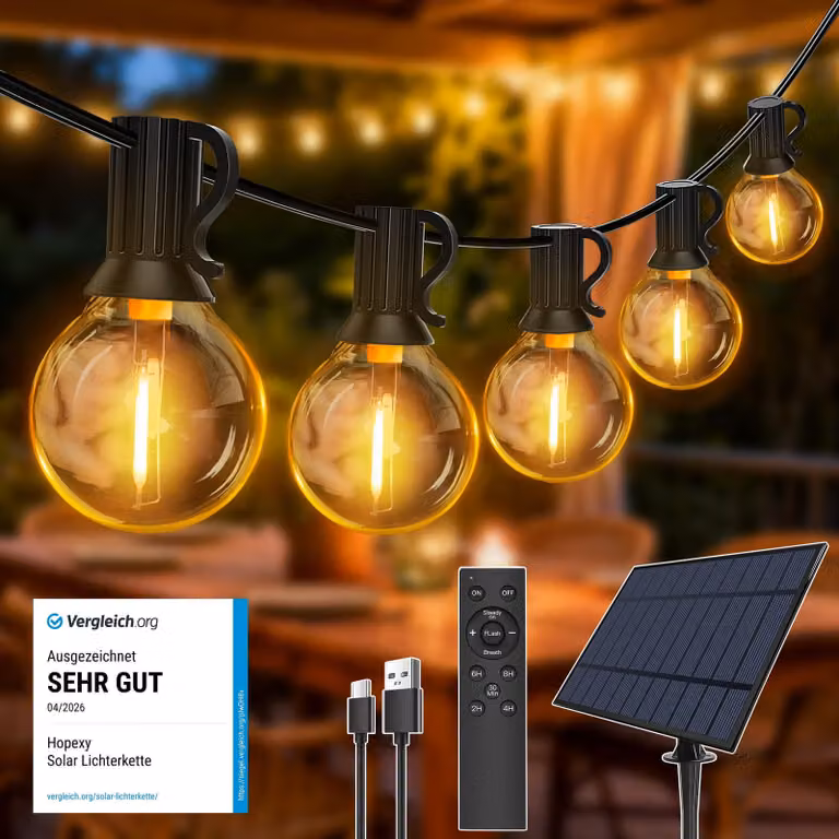 Catena luminosa solare, 10 metri, 17 LED, tipo G40, grado di protezione IP65, con telecomando e timer