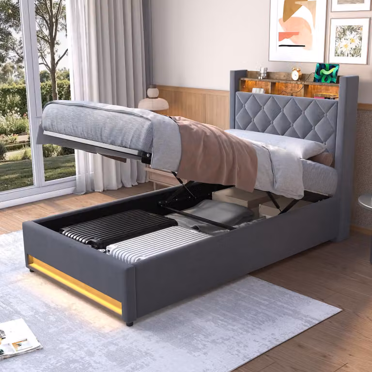 MODFU letto a molle 90×200 con base letto, letto imbottito con spazio di archiviazione, letto funzionale con connessione USB e luce LED, design sicuro con bordi imbottiti