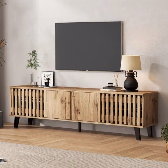 Mobile TV moderno Zephmum in legno massello marrone e nero con 8 scomparti, L: 180 cm, P: 40 cm, H: 55 cm