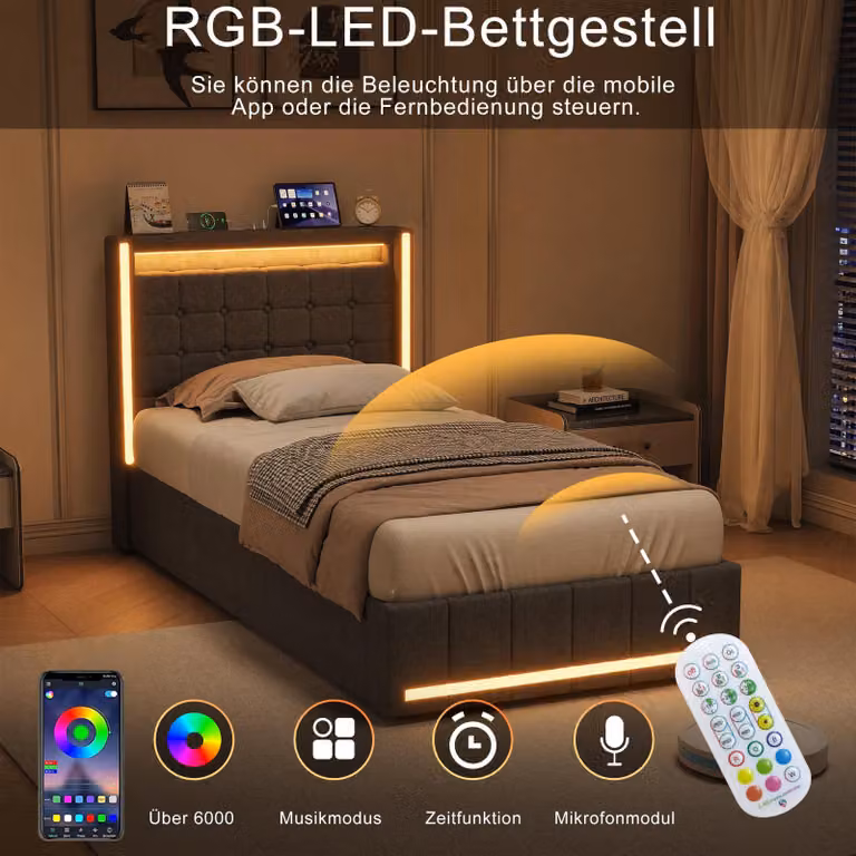 Letto imbottito UnboxG 90x200 cm, grigio – Letto singolo in tessuto di lino con testiera LED, porta USB e porta Type-C, 2 cassetti e rete a doghe
