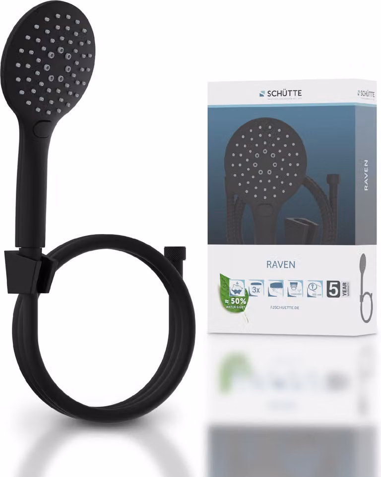 Set doccia SCHÜTTE RAVEN, soffione con flessibile e supporto, doccetta, nero opaco