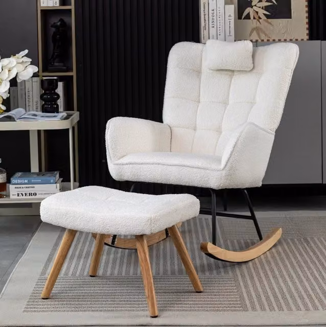 Sedia a dondolo bianca in tessuto boucle, 92 cm di altezza, con cuscino poggiatesta e poggiapiedi regolabile 49x38x38 cm