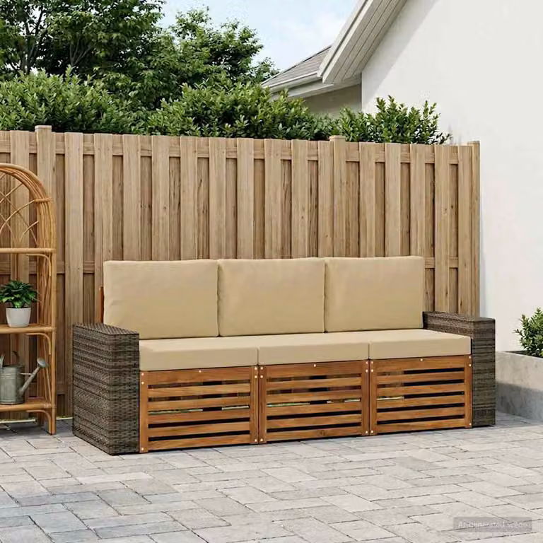 Set di divani da giardino 3 pezzi vidaXL in legno di acacia massello con cuscini beige e struttura marrone