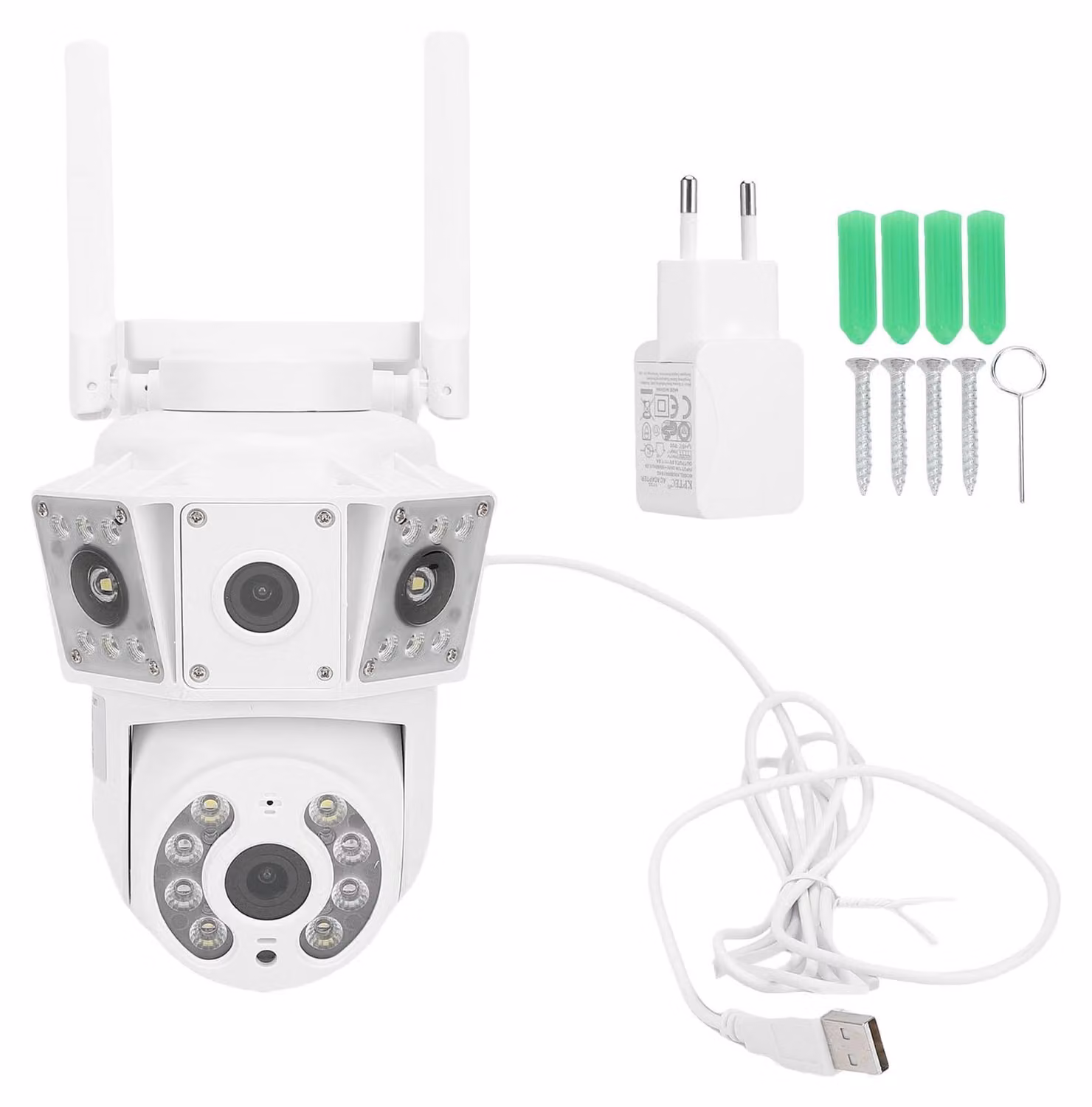 Telecamere di sorveglianza da esterno WiFi da 2 MP, visione panoramica, telecamera domestica a doppio obiettivo, immagini a colori, modalità giorno/notte, archiviazione su cloud, rilevamento delle persone, spina UE