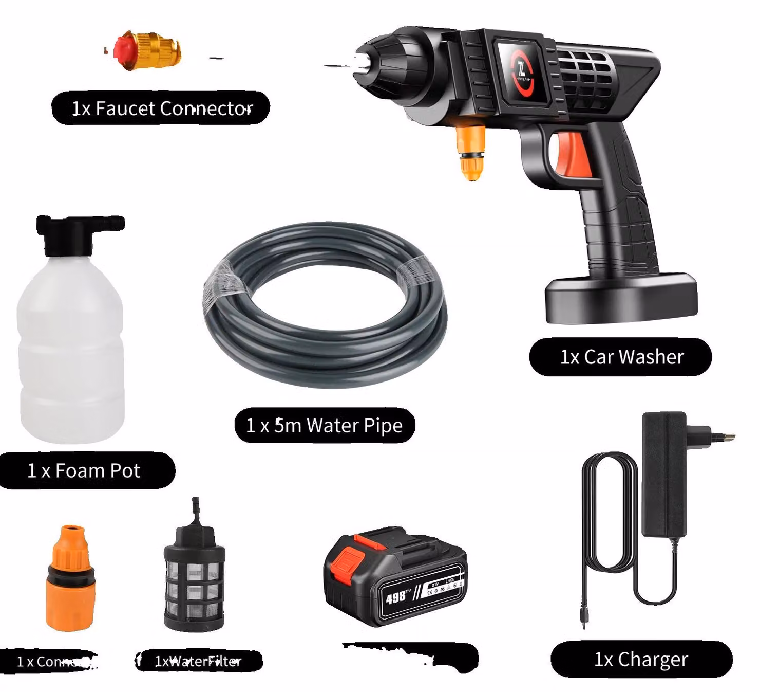 Pistola a spruzzo per autolavaggio ad alta pressione, design senza fili, ugello multifunzione, set da 3