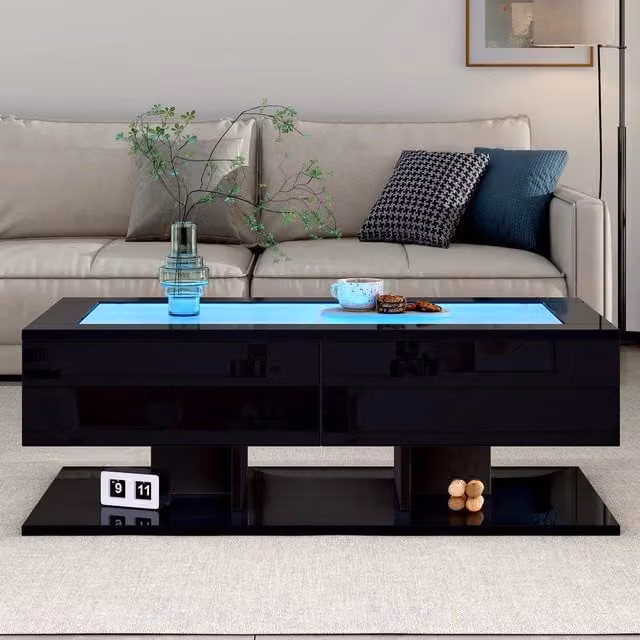 Tavolino da Caff¨¨ con LED e Cassetti ¨C MINIMAL ¨C Piano in Vetro Temperato, Nero Lucido, 100x50x35