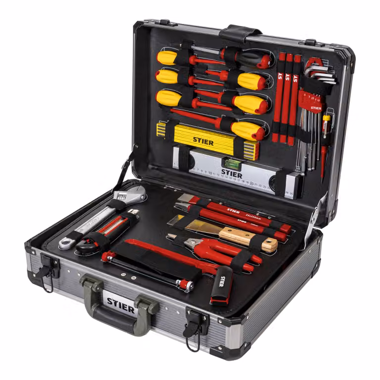 Assortimento di utensili per elettricisti STIER, valigetta per utensili, 128 pezzi, in robusta valigetta di alluminio, tutto per il professionista, completo e ben protetto, livella, martello, metro a nastro, pinze