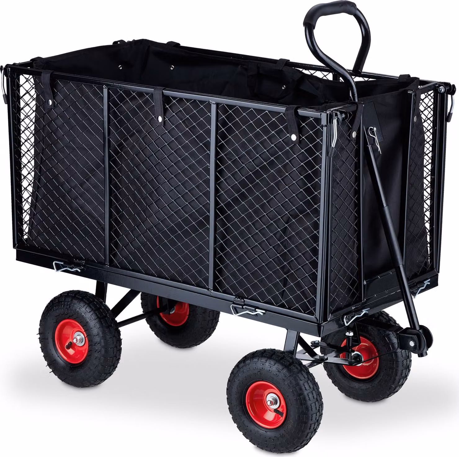 Carrello a mano Relaxdays, carrello di grandi dimensioni, sponde laterali ribaltabili, telone rimovibile, con maniglie, 500 kg, nero-rosso