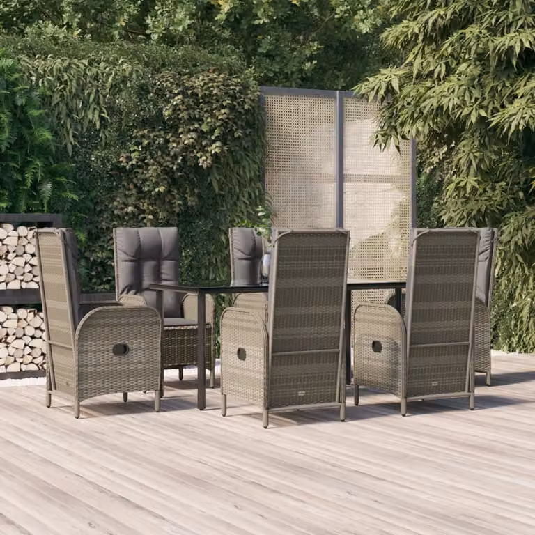 Set da pranzo da giardino vidaXL in polyrattan con tavolo in vetro e 7 pezzi, nero e grigio