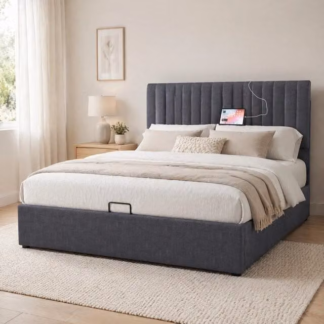 Letto matrimoniale imbottito 140 × 200 cm con contenitore LED USB Type-C in lino grigio con rete a doghe
