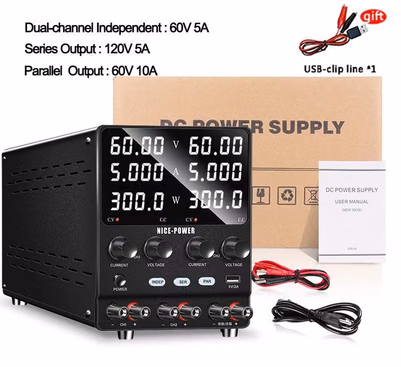 Alimentatore da laboratorio 60V 5A - Alimentatore DC a doppio canale - Tensione e corrente regolabili - Ricarica rapida USB 5V 2A - Funzionamento in serie e in parallelo - Alimentatore da laboratorio 4-in-1