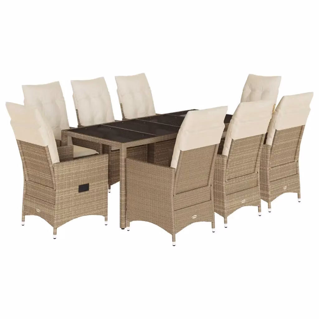 Set da Pranzo da Giardino vidaXL in Polyrattan con Cuscini Beige e Piano in Vetro, 9 Pezzi – 2
