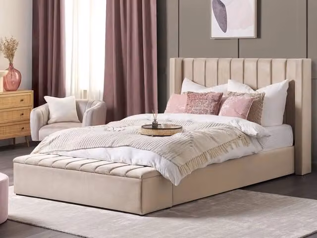 Letto Beliani in velluto beige con contenitore e rete a doghe stile moderno glam L/P: 180 x 200 cm – 1