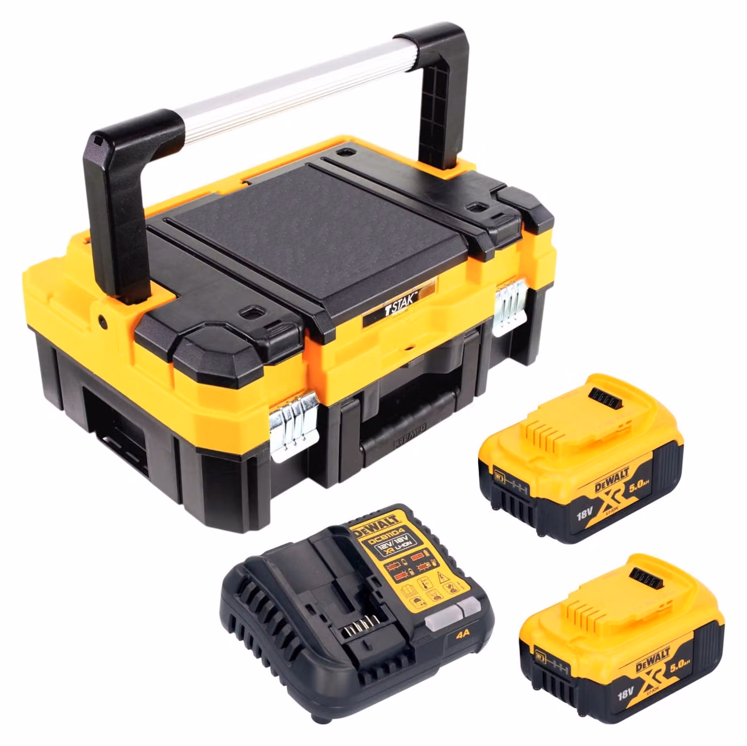 Set iniziale a batteria DeWalt DCB 1104 P2T da 18 V con 2 batterie da 5,0 Ah + caricabatterie DCB 1104 + TSTAK