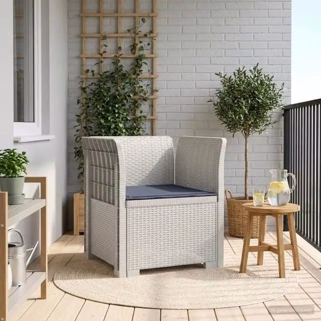 Poltrona da giardino a 1 posto con cuscino in design rattan moderno, colore bianco e grigio – 1