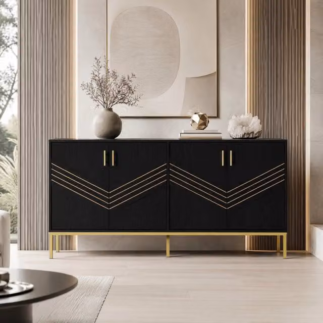 Madia Mivray a 4 ante con ripiani regolabili in MDF nero opaco e metallo dorato L/P/H: 160 x 40 x 80.5 cm