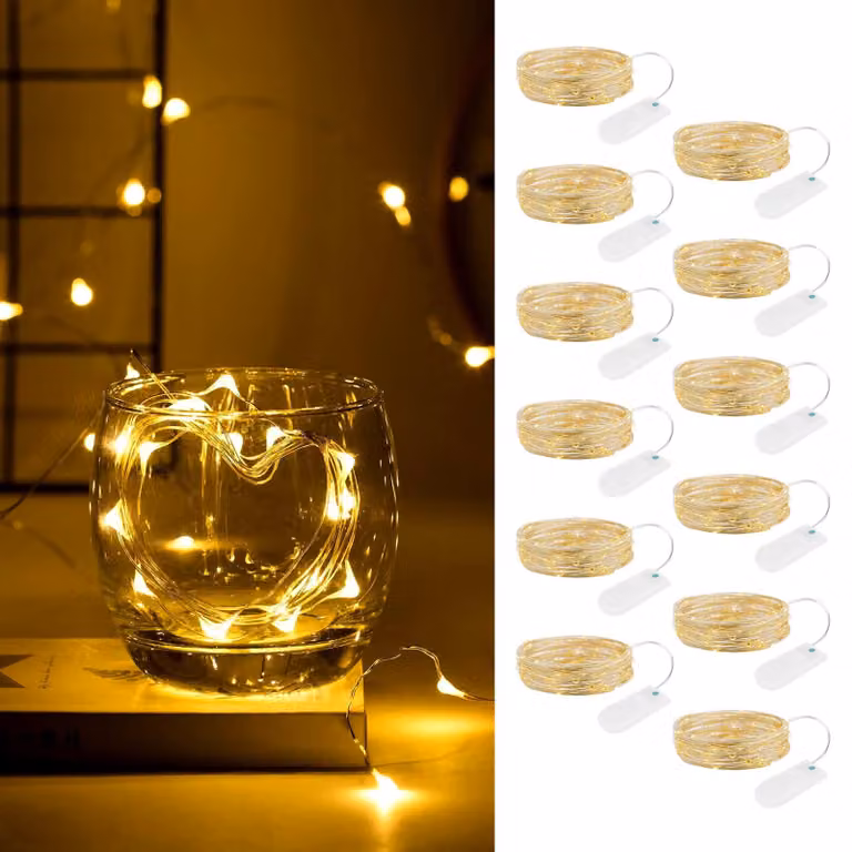 Confezione da 12 luci a LED, catena luminosa da 2 metri, 20 LED, luce bianco caldo, con timer