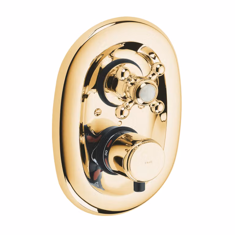 KLUDI 1926 : robinetterie thermostatique encastrée, poignée en croix, limiteur d'eau chaude à 40 °C, avec robinet d'arrêt, 517204520, 517204520