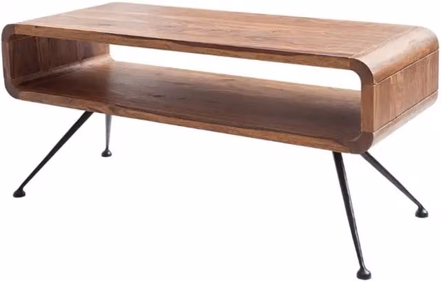 Tavolino basso RETROVA 100 cm in legno di Sheesham verniciato con gambe in metallo nero e spazio di stoccaggio
