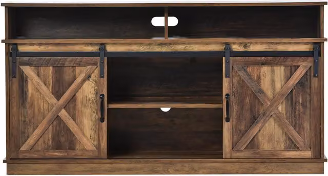 Mobile TV in stile country con ante a fienile, 2 armadietti e 2 ripiani aperti, Marrone, L: 148 cm, P: 40 cm, H: 78 cm