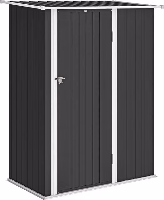 Capanno porta attrezzi in metallo Outsunny con tetto inclinato e porta bloccabile, Grigio Antracite, L: 142 cm, P: 86 cm, H: 189 cm