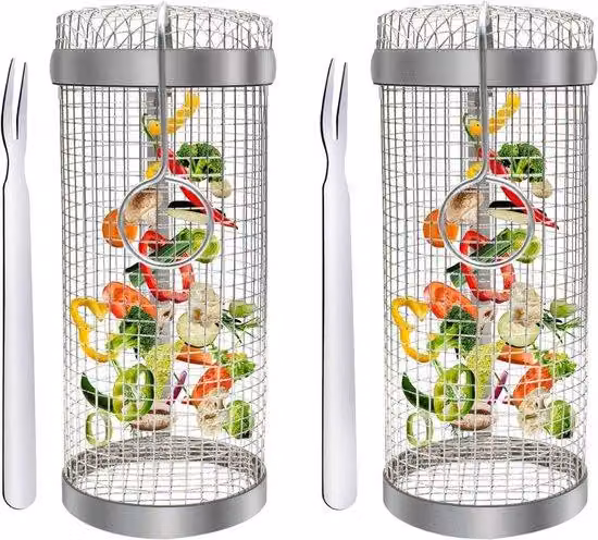 Cestello per grigliare con rotelle - Cestello per barbecue in acciaio inossidabile per campeggio e picnic - Griglia per verdure e carne - 20 x 9 x 9 cm