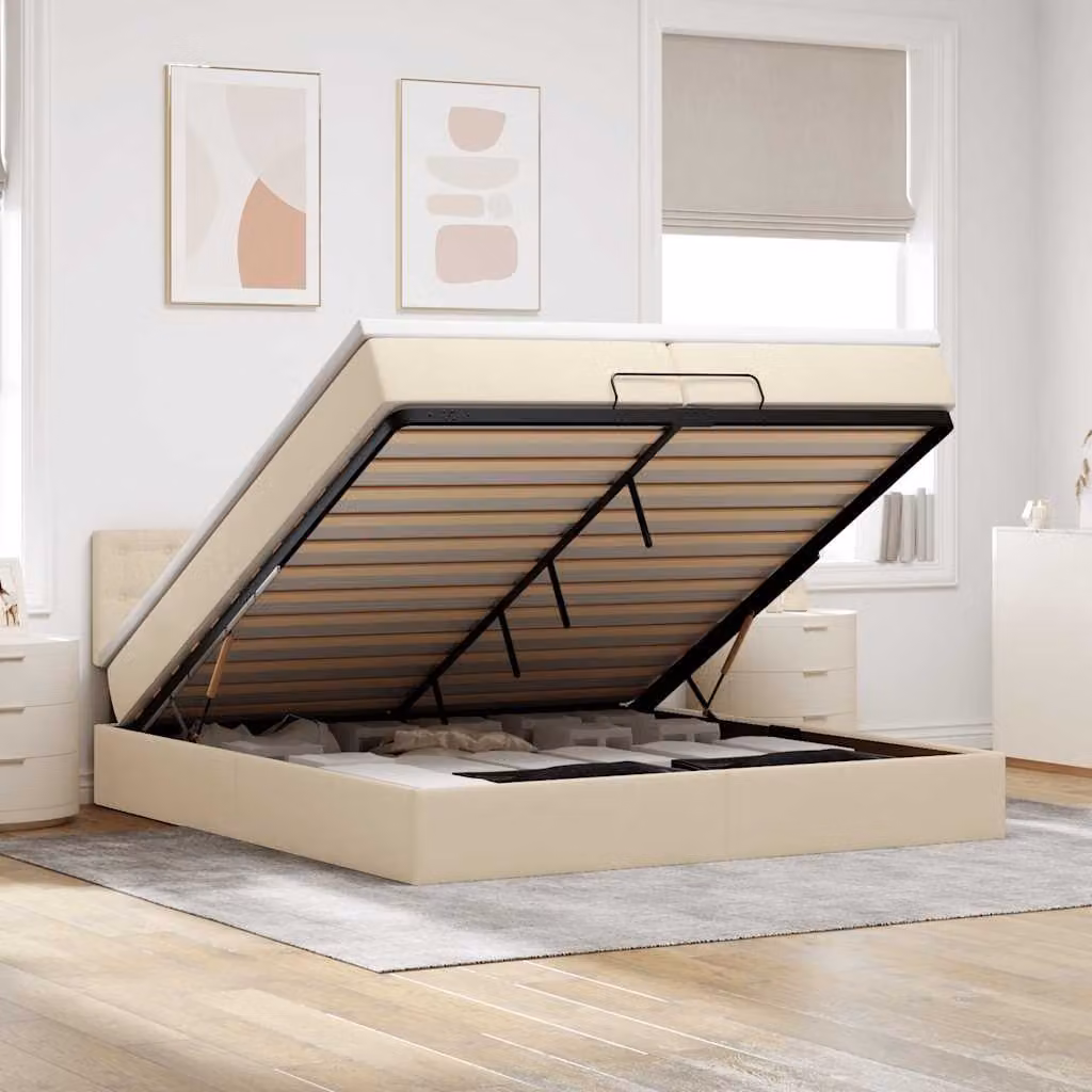Letto con base contenitore a sollevamento vidaXL in tessuto beige e bianco con illuminazione sottostante e porte USB, L: 200 cm, P: 200 cm, H: 88 cm – 1