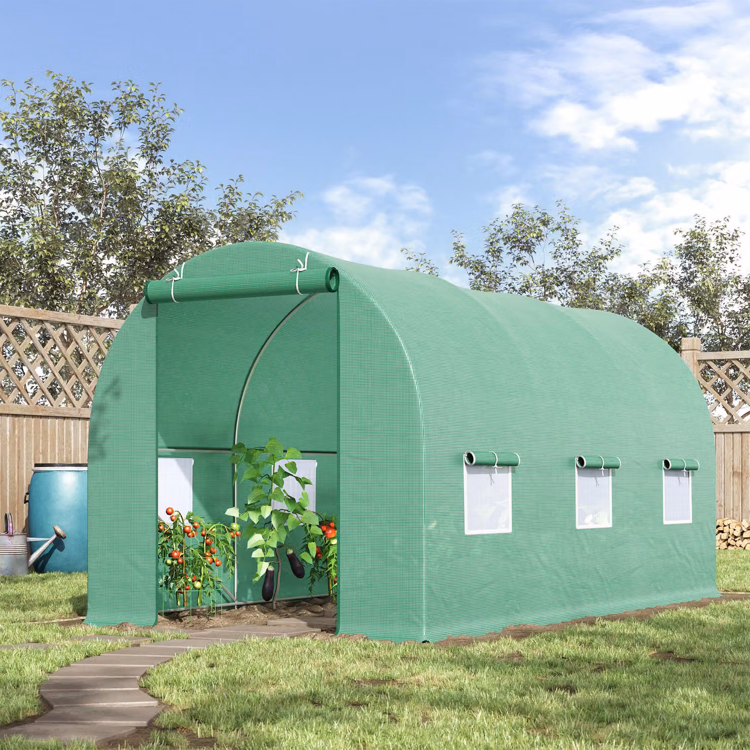 Serra per Orto a Tunnel Outsunny Verde con Struttura in Acciaio, Copertura in PE Anti-Raggi UV, 6 Finestre e Porta Avvolgibile, L: 4,5 m, P: 2 m, H: 2 m – 2